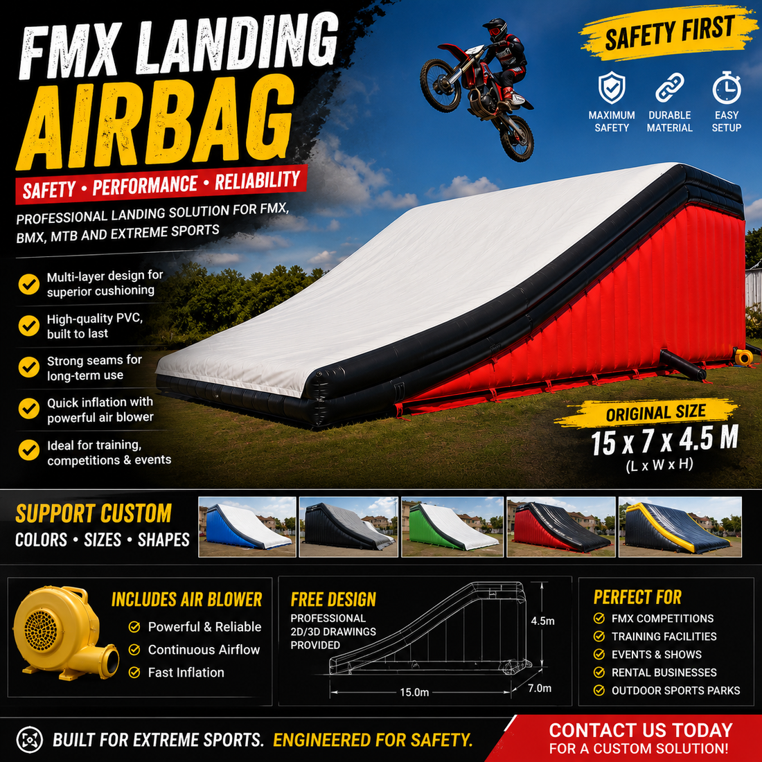 Our custom FMX Landing Airbags are engineered to help riders push their limits while maximizing safety during training and competitions.